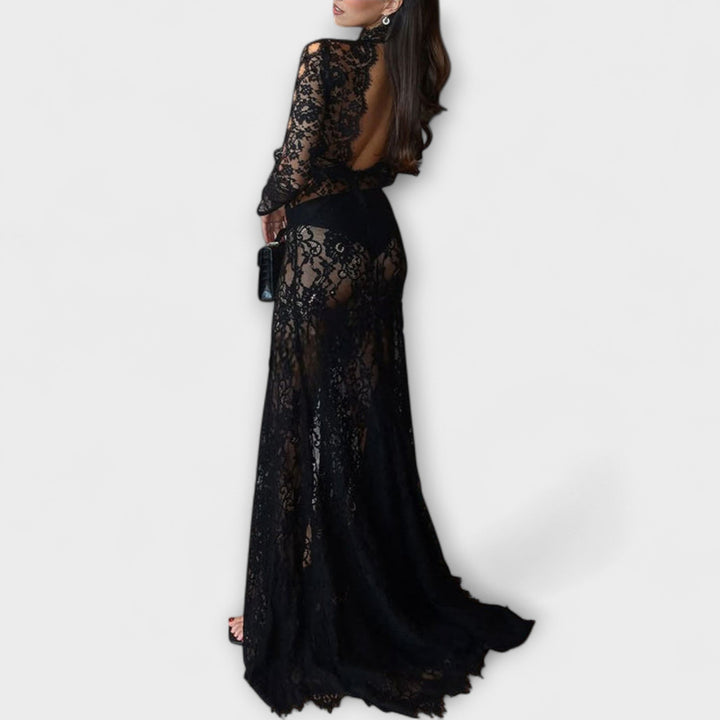 Azalee - Midnight Elegance průhledné krajkové maxi šaty s dlouhým rukávem a elastickým střihem