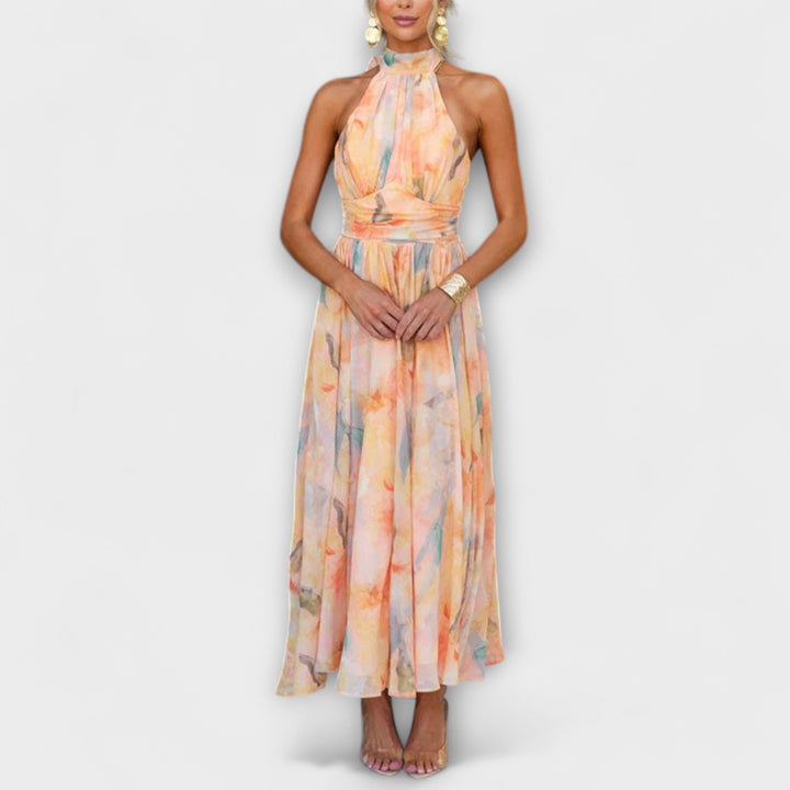 Halter- Neck Maxi šaty s akvarelovým potiskem