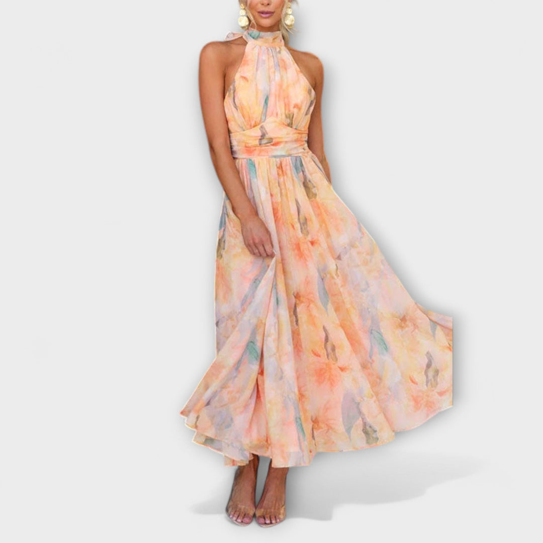 Halter- Neck Maxi šaty s akvarelovým potiskem