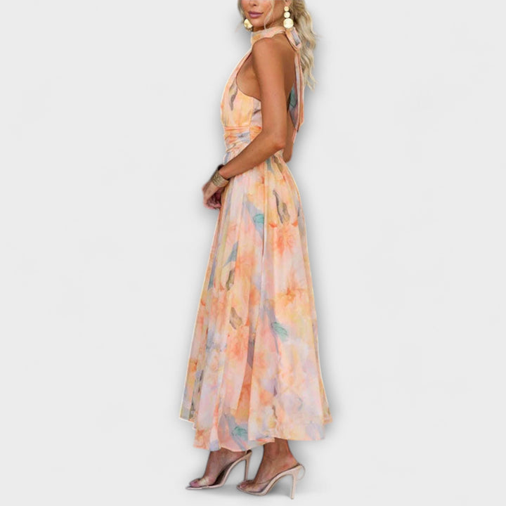 Halter- Neck Maxi šaty s akvarelovým potiskem