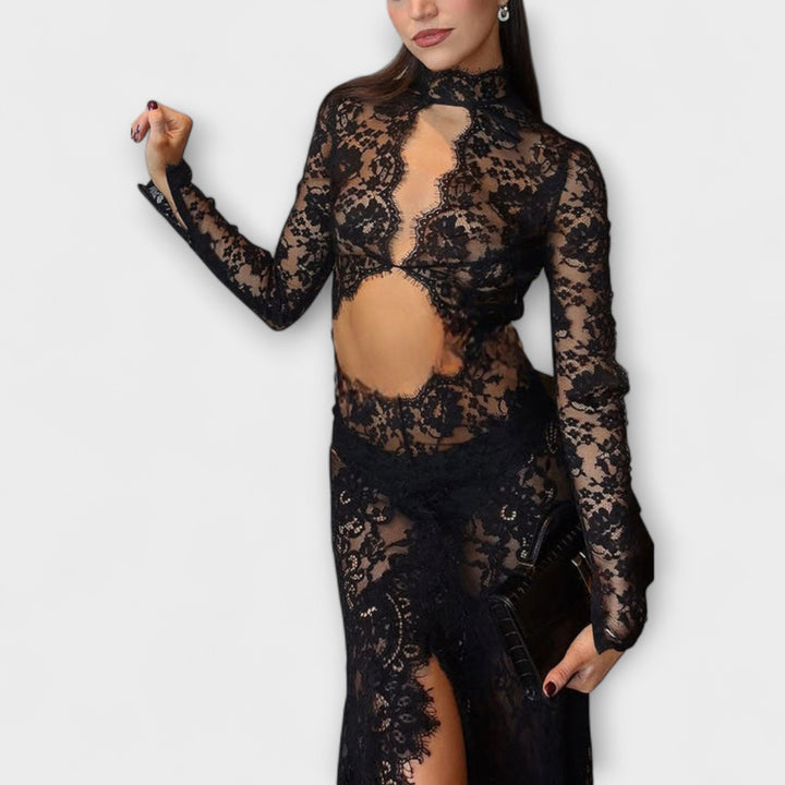 Azalee - Midnight Elegance průhledné krajkové maxi šaty s dlouhým rukávem a elastickým střihem