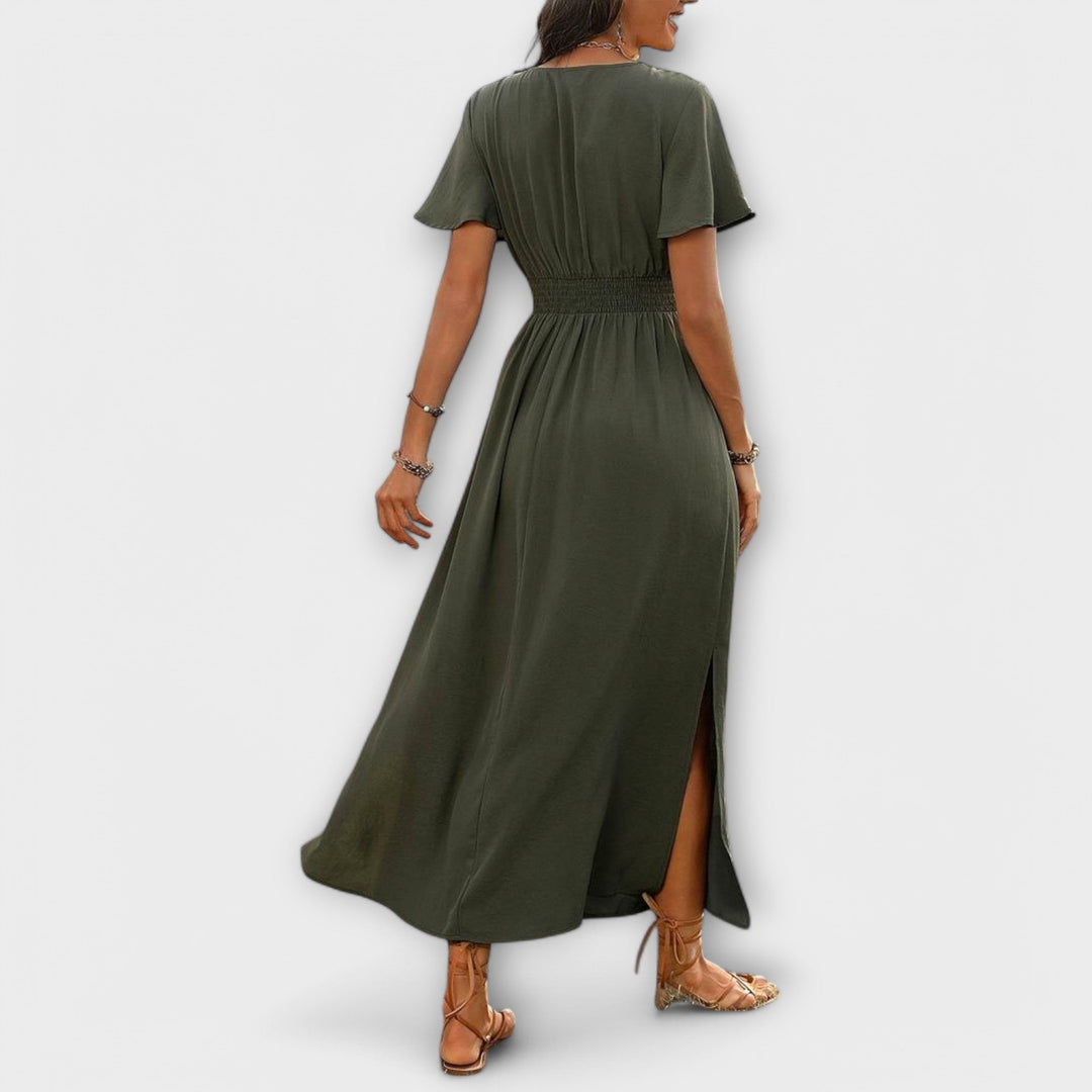 Heather - Elegantní šaty boho styl s výstřihem do V a dlouhými rukávy