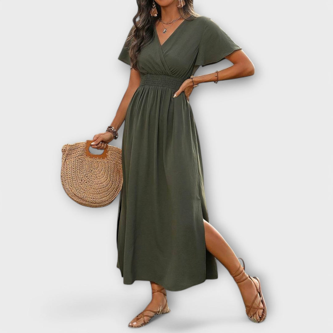 Heather - Elegantní šaty boho styl s výstřihem do V a dlouhými rukávy