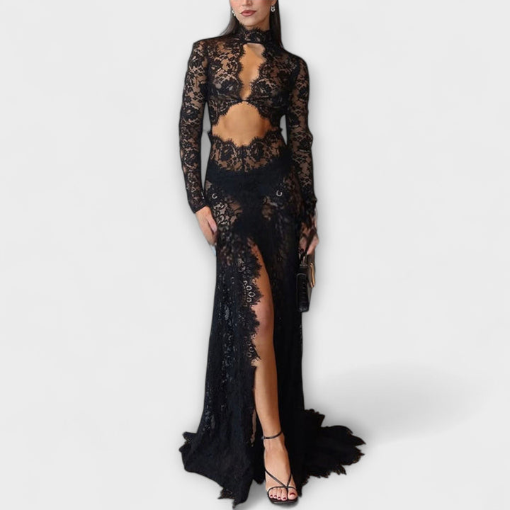 Azalee - Midnight Elegance průhledné krajkové maxi šaty s dlouhým rukávem a elastickým střihem